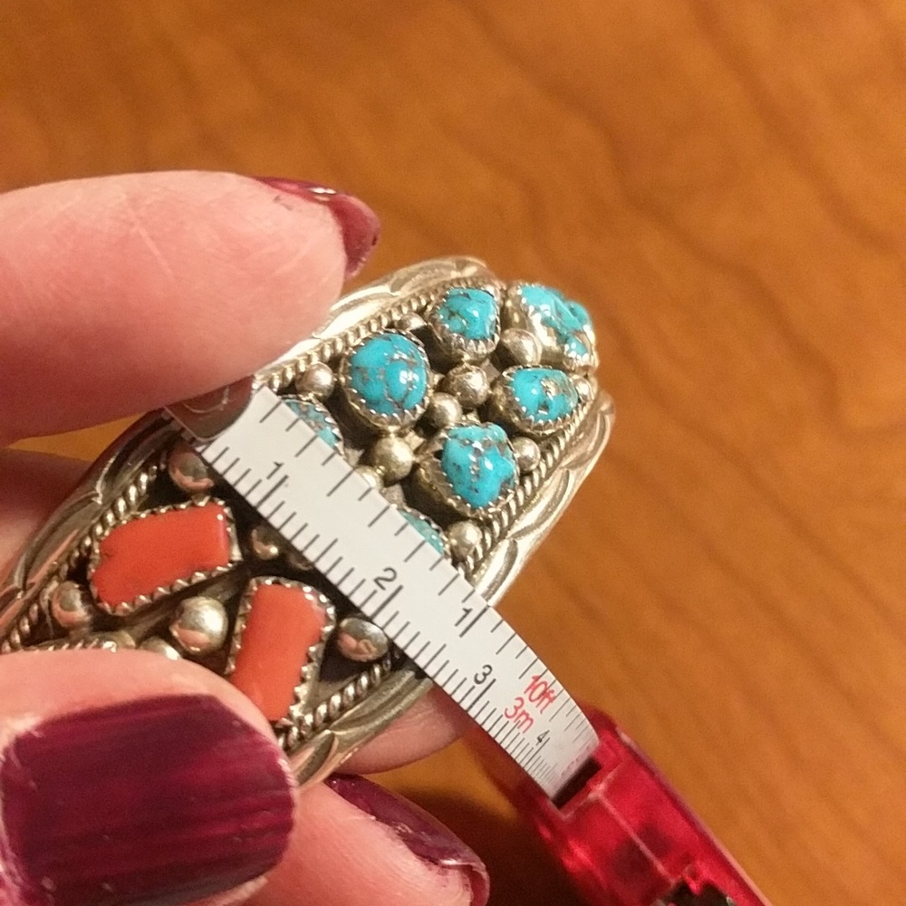 Native American Turquoise & Coral Stamped Cuff - Picture 9 of 10